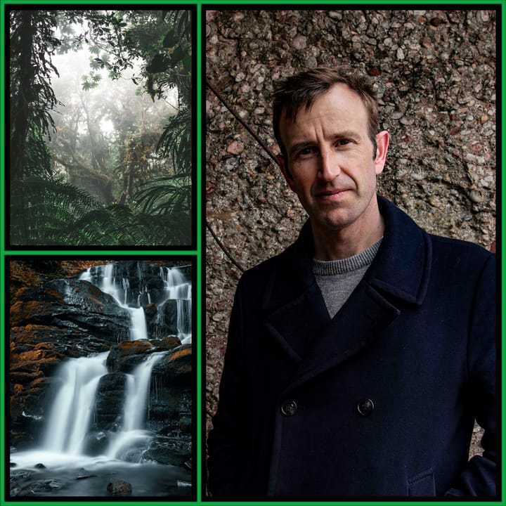 Three-panel collage with green border: misty tropical forest canopy, cascading waterfall over dark rocks, and Robert Macfarlane in a navy peacoat against a stone wall